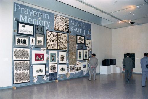 Installation view of Gwangju-in memory of May at the first Gwangju Biennale, 1995, Courtesy of e-Video History Archive.